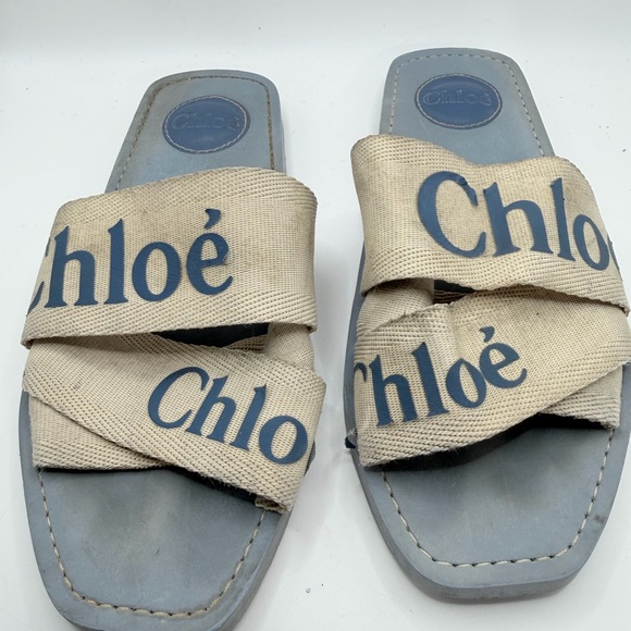 Chloe Shoes - Chloé Beige Canvas Strap Blue Footbed Slide Sandals